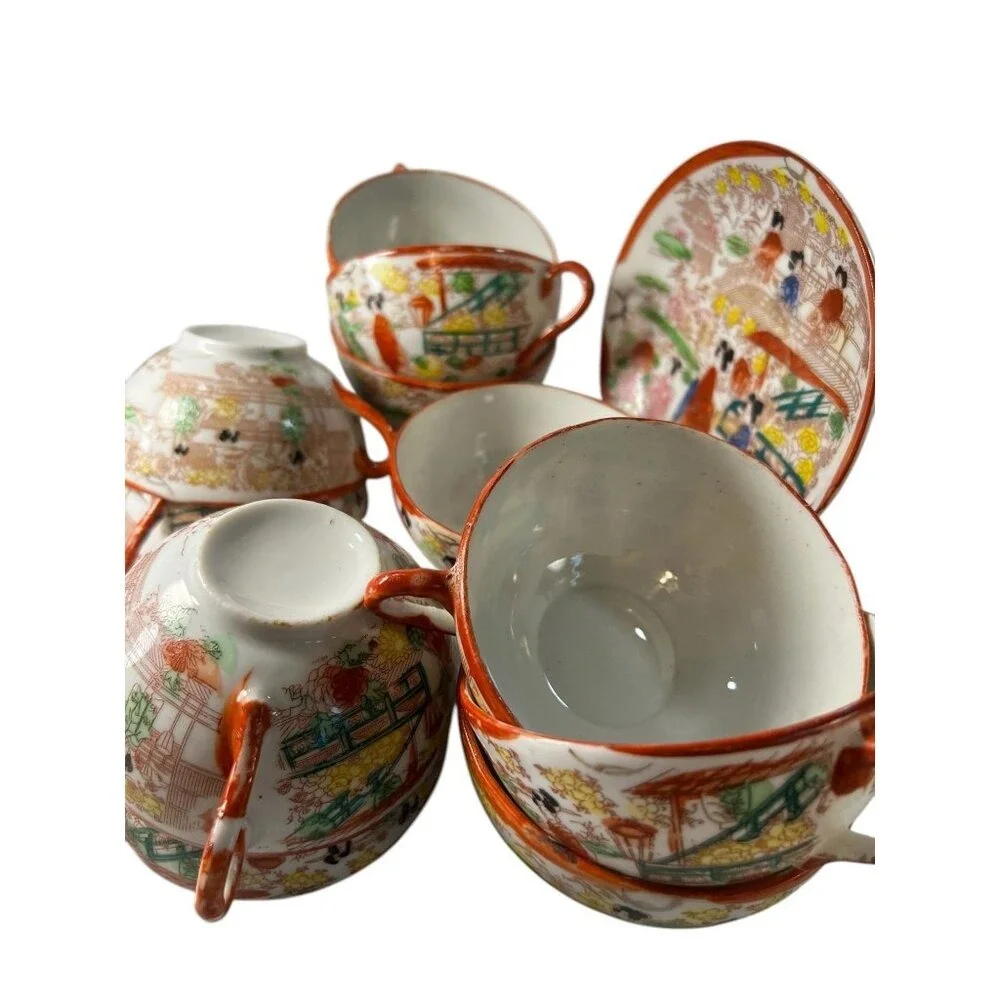 Vtg Japanese Eggshell Porcelain 11 TeaCups 1 Saucer Asian‎ Geisha Hand Painted